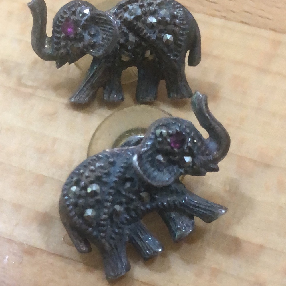Vintage Marcasite (?) Elephant Earrings with Pink Gem Eye